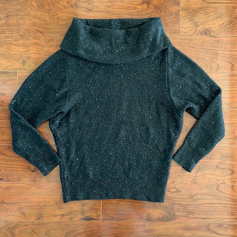 August Silk Black Sparkly Sequin Cowl Neck Three Quarter Length Sleeve Sweater